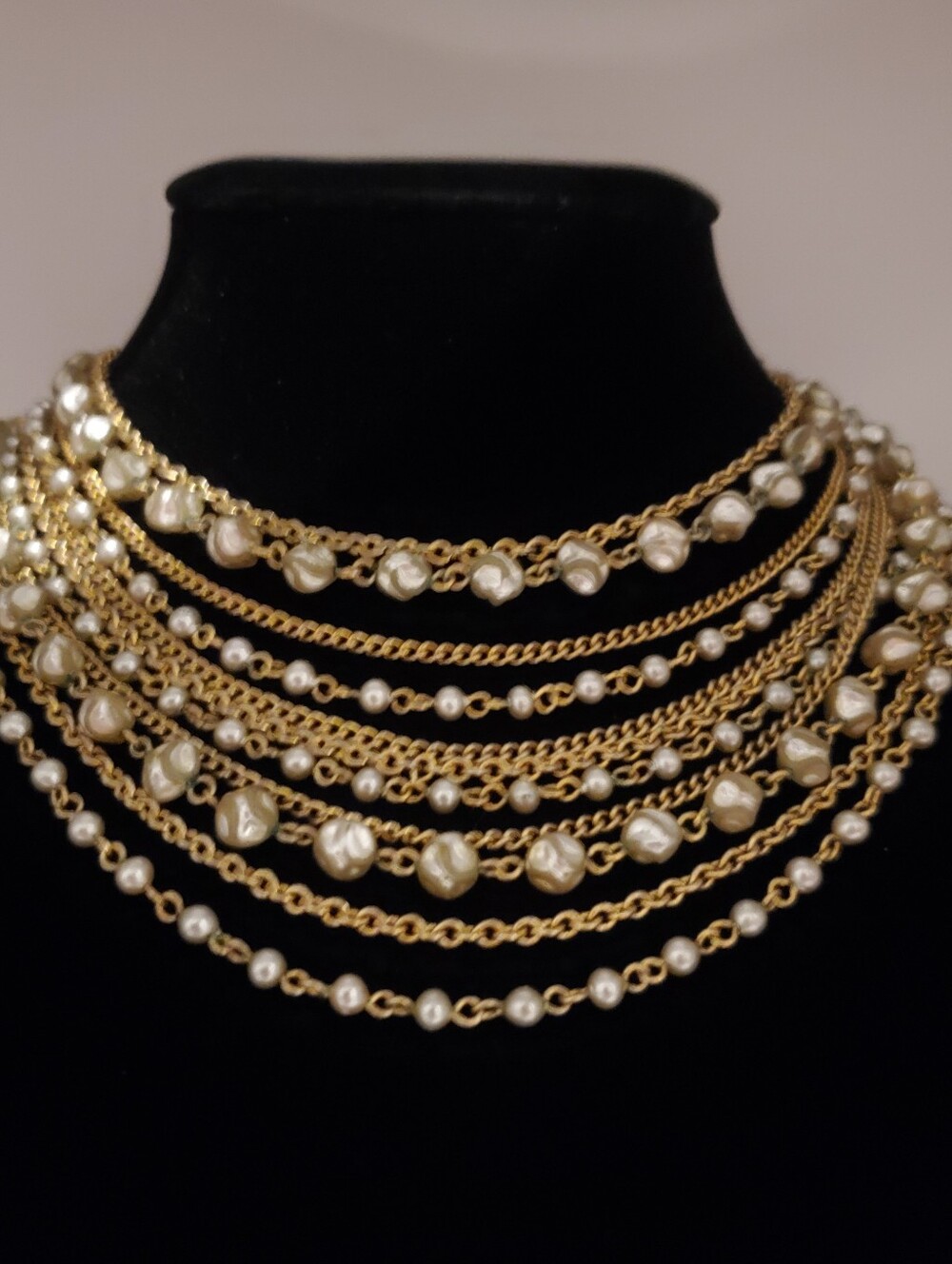 Vintage CORO Gold Multi-Layer Choker Bib Necklace w/ Faux Baroque Pearls